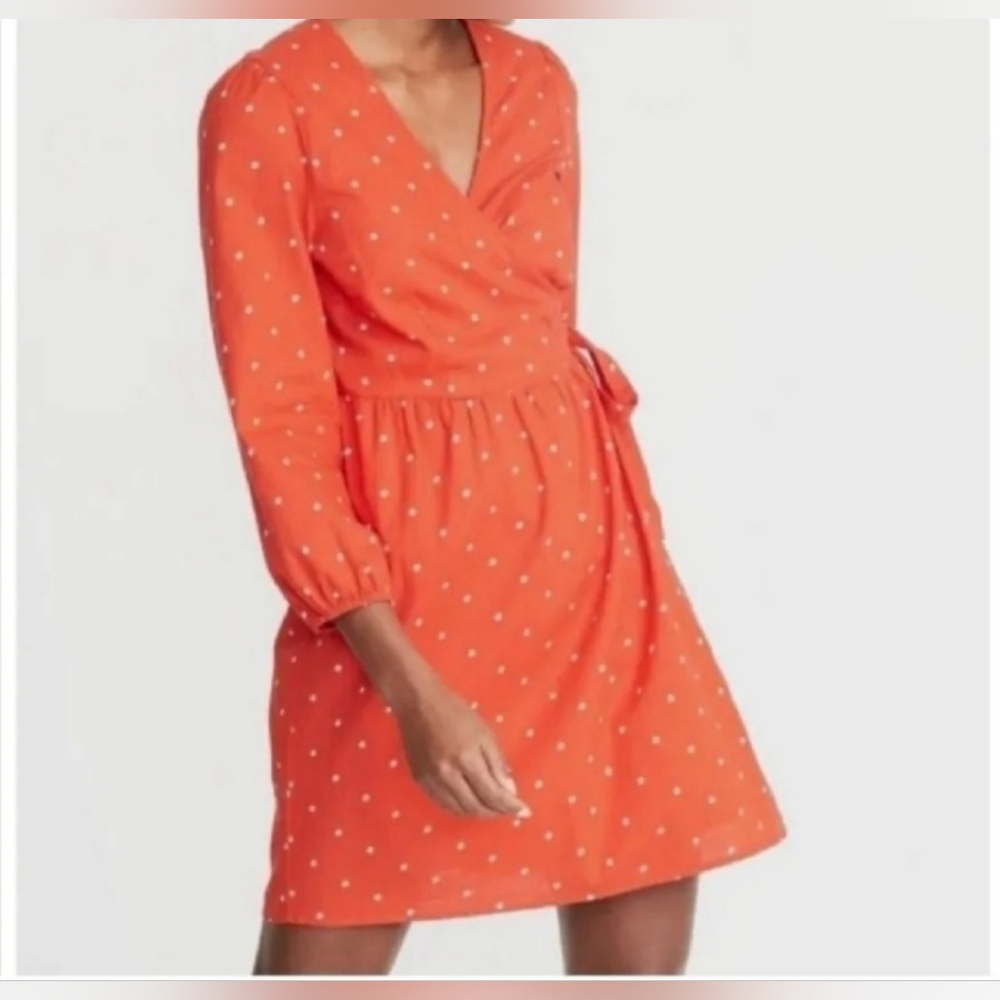 Old Navy Wrap Dress Women's Size Small 100% Cotton Orange Daisy Print